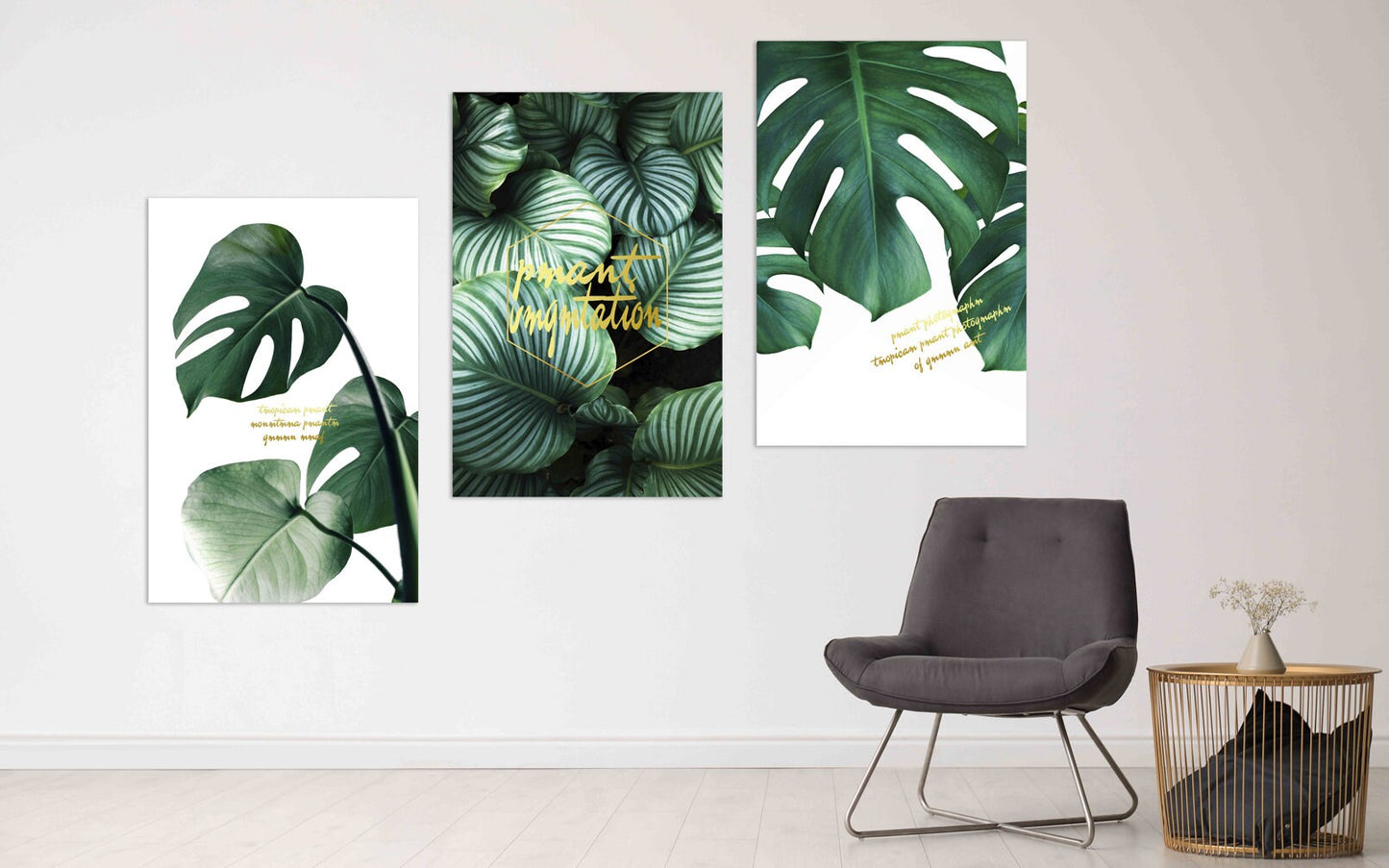 Three piece plant wall prints in floating frame, modern minimalist framed botanical artwork, original green printable set of 3 canvas arts