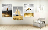 Modern framed marine wall art, seascape canvas print in floating frame, set of 3 prints in gold grey colors, painting with dolphin and ship