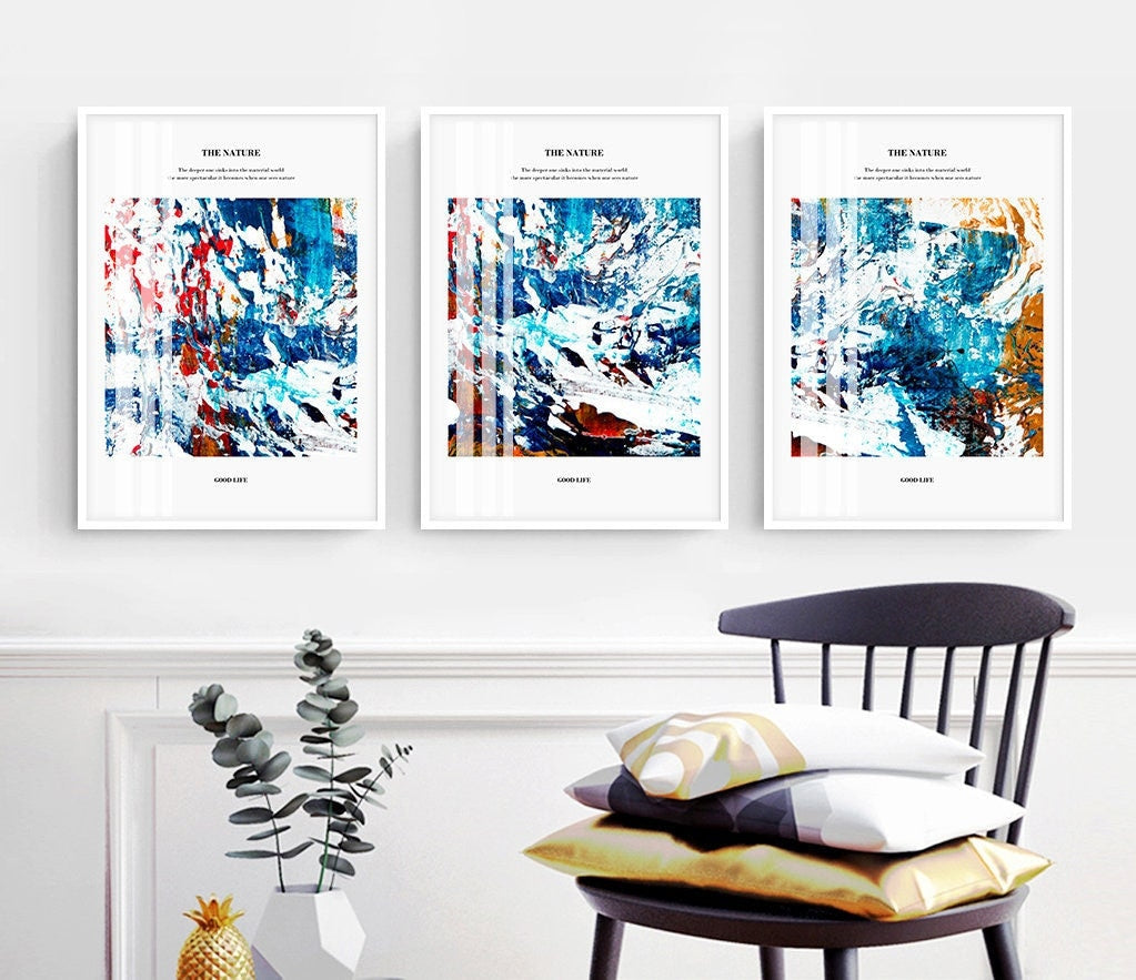 Abstract 3 piece canvas wall arts, framed blue printable artwork, set of three floater frame prints, three colorful framed artworks for home