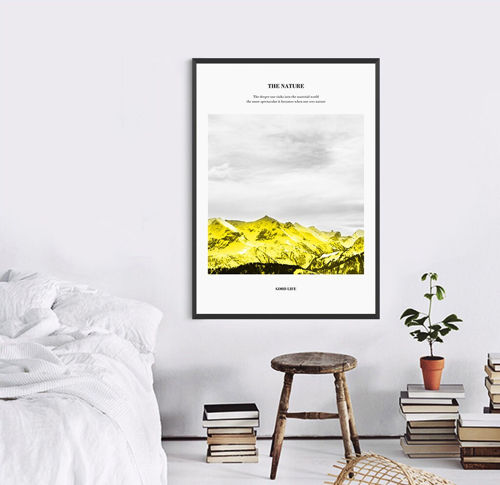 Mountains three piece framed wall art, abstract floater frame artwork, set of 3 landscape prints, yellow white framed wall hanging decor
