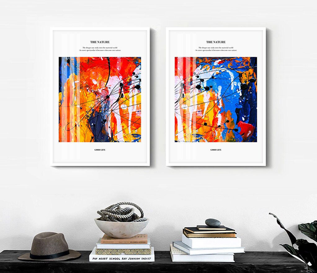 Colorful three piece canvas prints, abstract floating frame wall art, multi colored framed wall hanging decor, set of 3 printable artworks