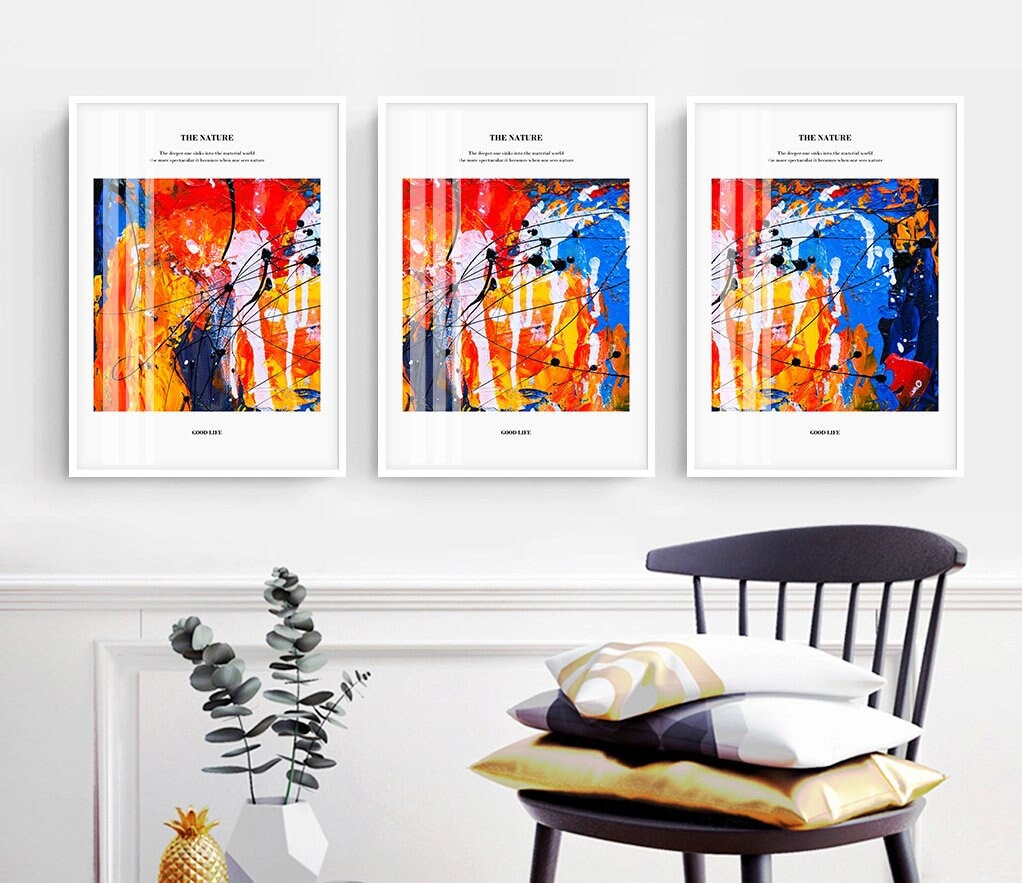 Colorful three piece canvas prints, abstract floating frame wall art, multi colored framed wall hanging decor, set of 3 printable artworks