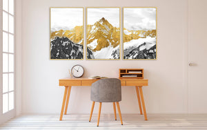 Multi panel gold mountains wall framed canvas painting, set of 3 wall mountain arts in gold floating frame, asian nature wall art for gift
