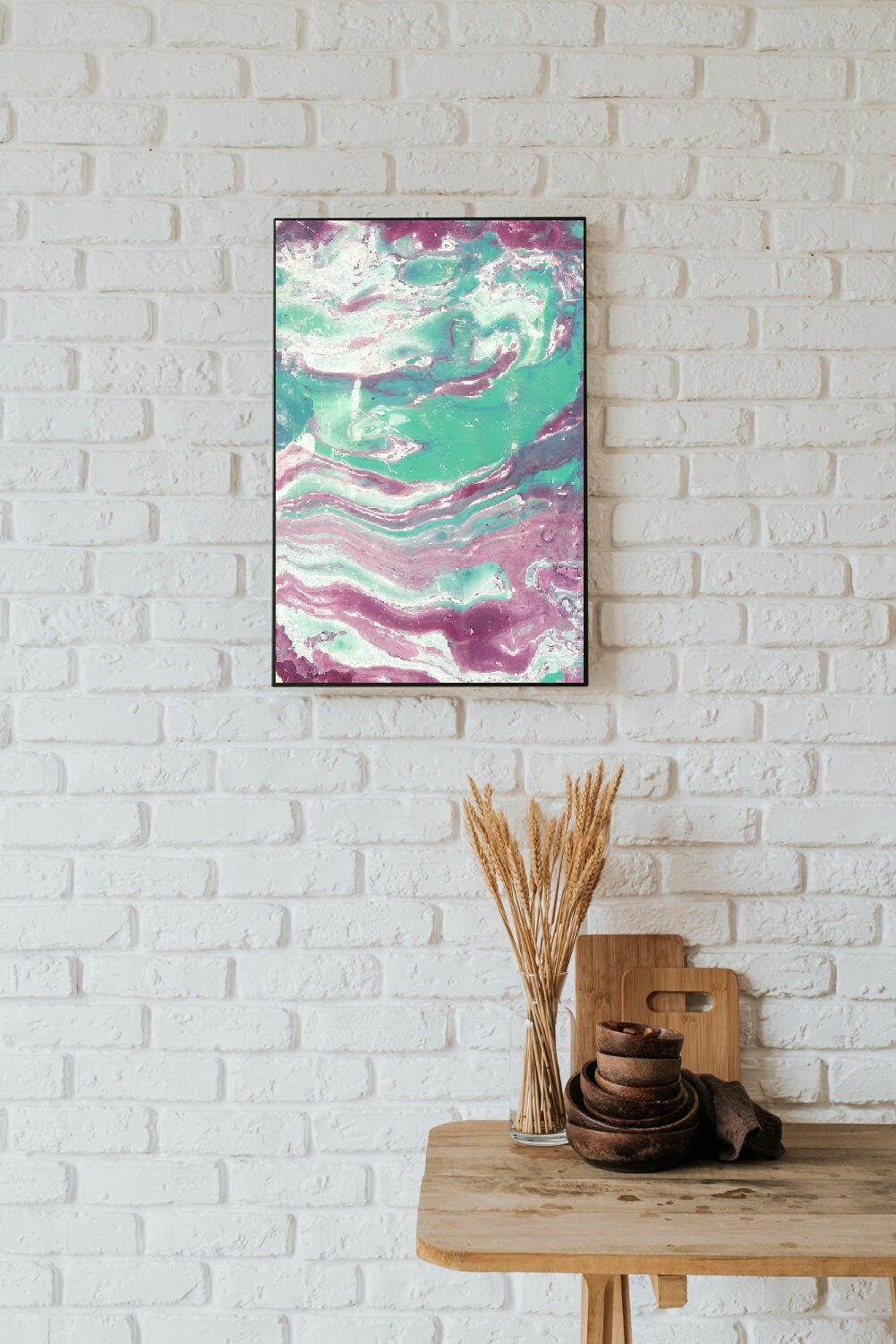 Abstract wave painting on canvas, colorful floating frame print, large blue purple minimalist printable artwork, colorful modern art gift