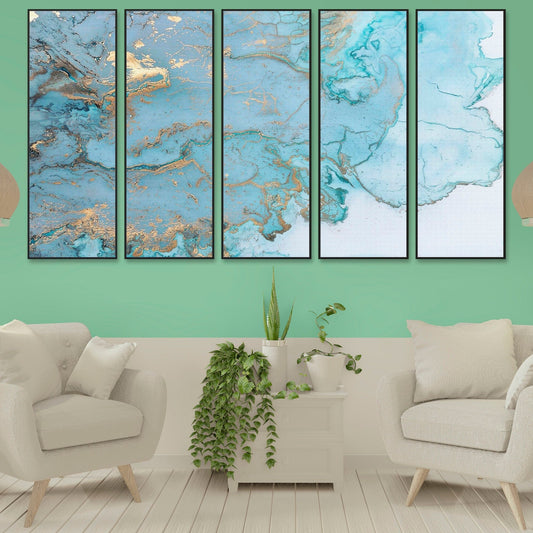 Modern framed blue abstract canvas wall art, set of 3 extra large prints in black floating frame, trendy multi panel paintings on canvas