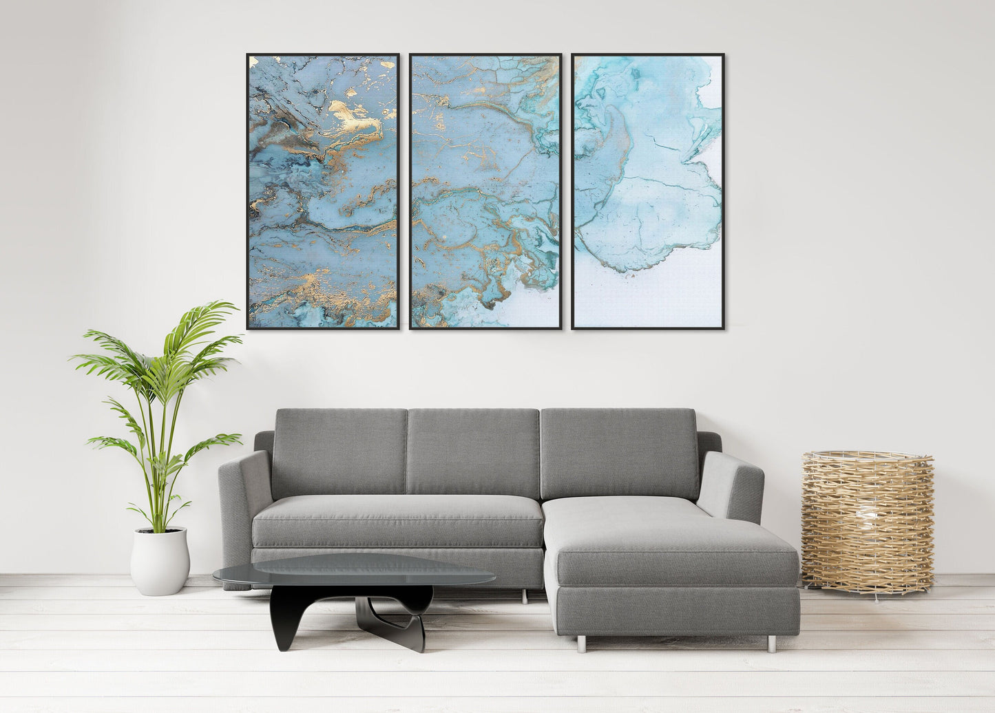 Modern framed blue abstract canvas wall art, set of 3 extra large prints in black floating frame, trendy multi panel paintings on canvas