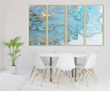 Abstract blue modern framed canvas art, extra large multi panel print blue and gold wall art in gold floating frame, set of three art gifts