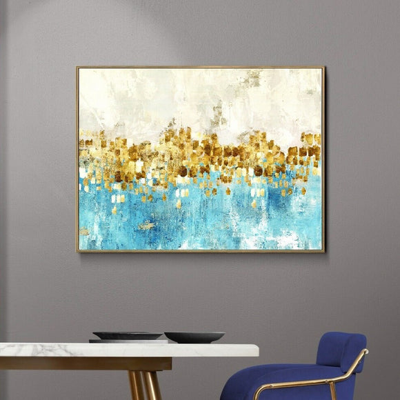 Large white blue canvas print, abstract floating frame wall art, minimalist housewarming artwork, abstract framed printable wall artwork