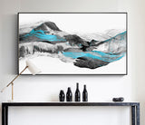 Large framed abstract canvas print, black white printable artwork in floating frame, modern abstract mountains wall art for living room