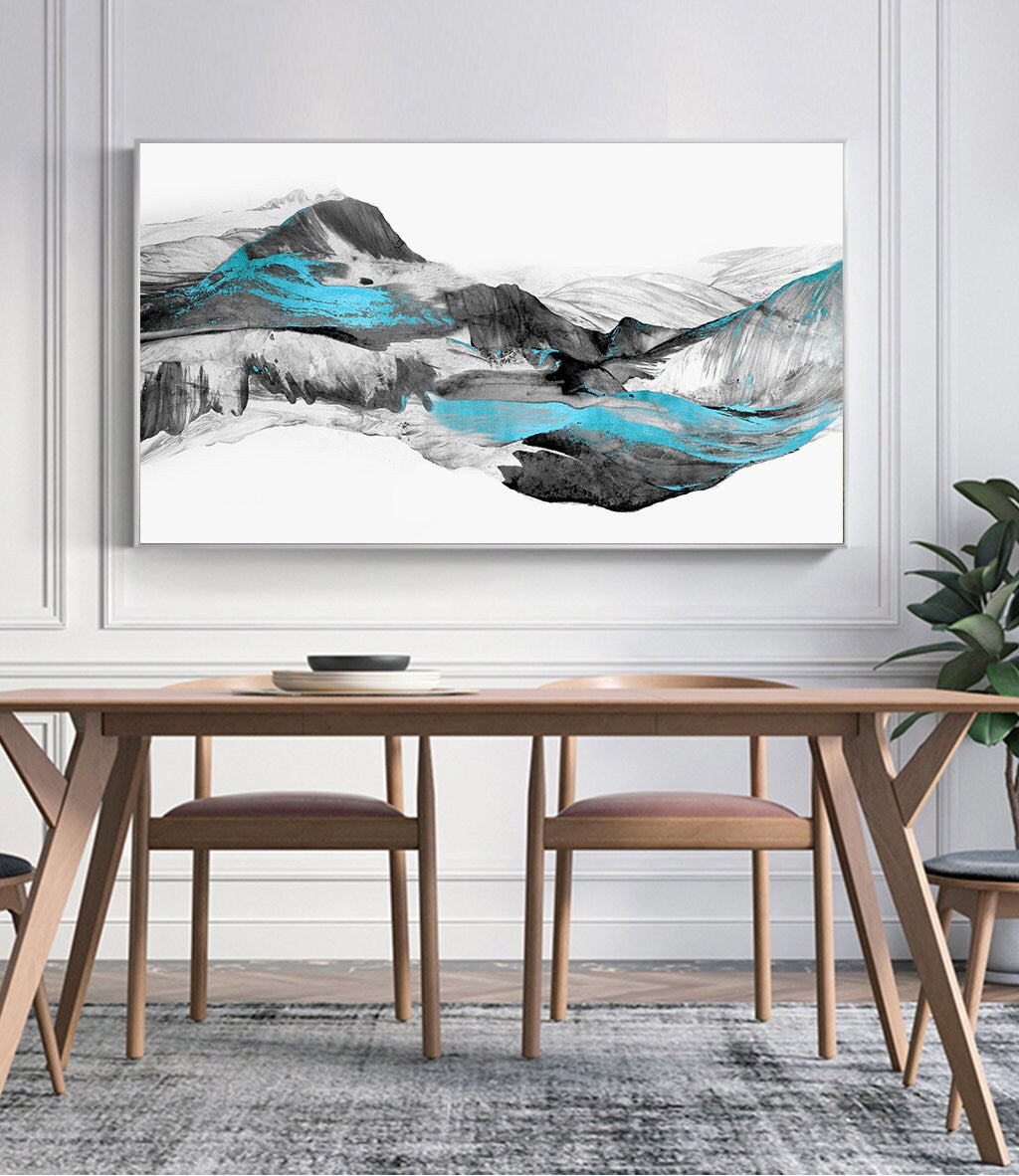 Large framed abstract canvas print, black white printable artwork in floating frame, modern abstract mountains wall art for living room