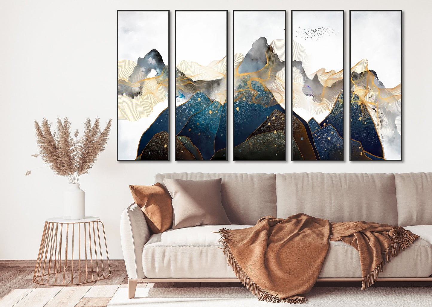 Blue mountains wall art, modern smoky mountains framed canvas wall hanging decor, extra large floater frame nature wall art home wall decor