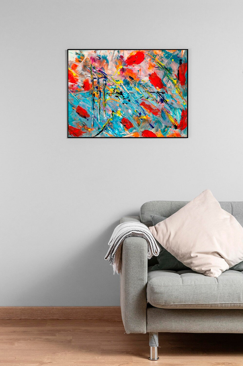 Modern oil painting hanging wall art, abstract multi colored framed art print in floating frame, extra large colorful abstract wall art