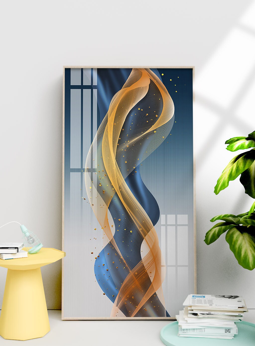 Blue abstract framed wall art, blue and gold wave canvas print in floater frame, extra large gold wall hanging decor, living room wall art