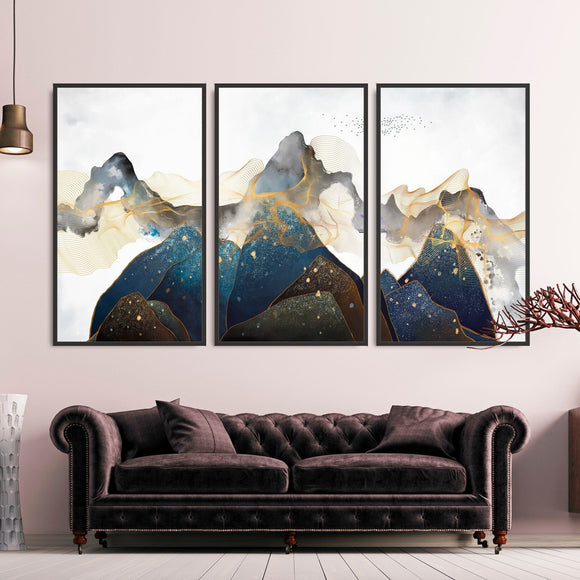 Blue mountains wall art, modern smoky mountains framed canvas wall hanging decor, extra large floater frame nature wall art home wall decor