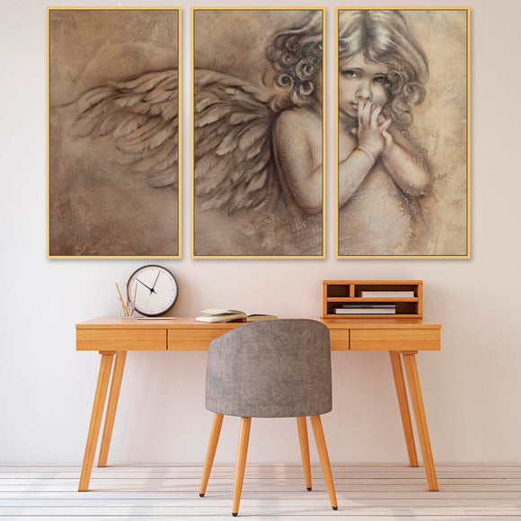 Large angel canvas wall art, religious framed painting on canvas, printable multi panel angel artwork in floater frame, hanging wall decor