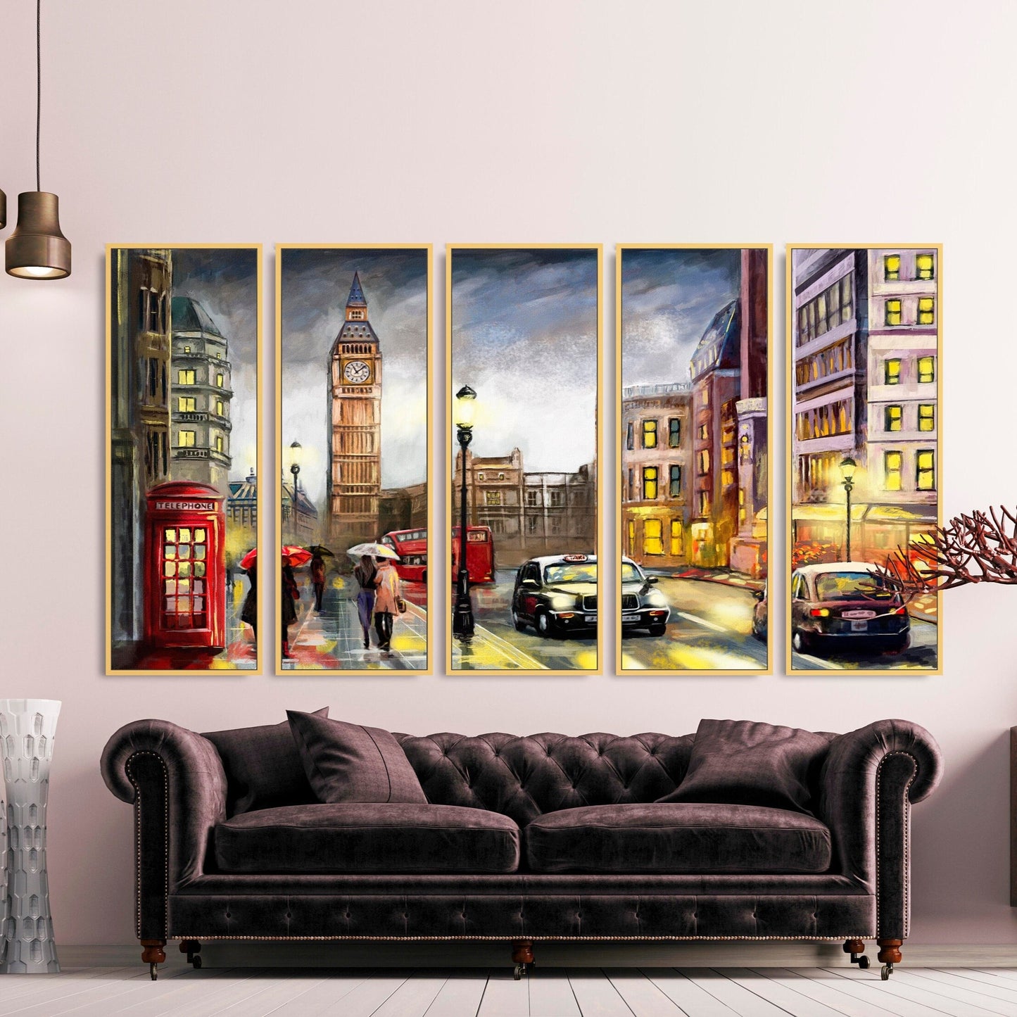 London framed wall art, Big Ban floater frame print on canvas, large cityscape printable wall hangin decor, golden frame city canvas print