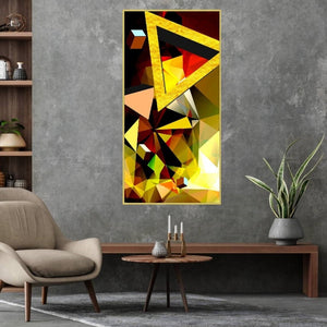 Abstract geometrical floater frame artwork, extra large yellow canvas wall art, printable framed wall hanging decor with triangles