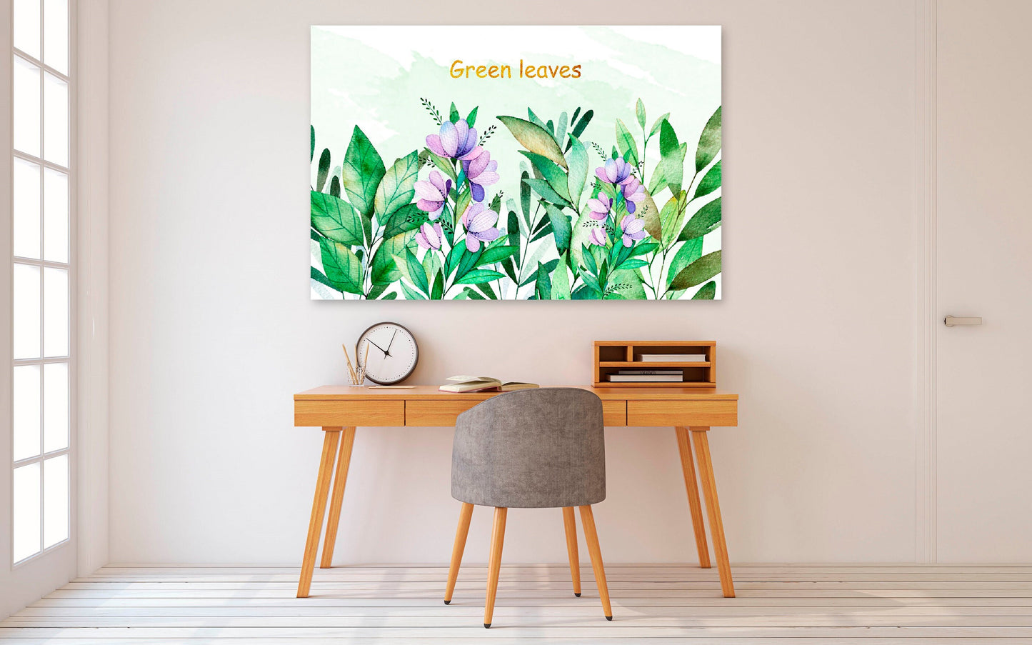 Large nature framed wall art, green leaves canvas print in floating frame, floral wall hanging decor, framed botanical canvas painting