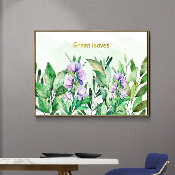 Large nature framed wall art, green leaves canvas print in floating frame, floral wall hanging decor, framed botanical canvas painting