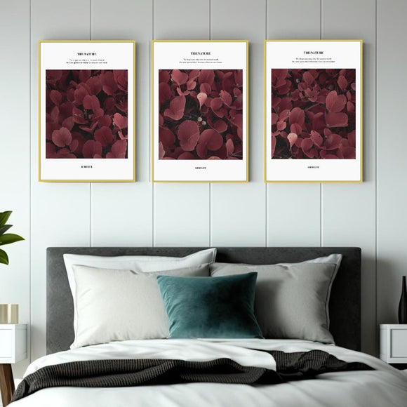 Large three piece framed nature wall art, purple leaves wall hanging decor in floating frame, modern set of floral botanical canvas painting