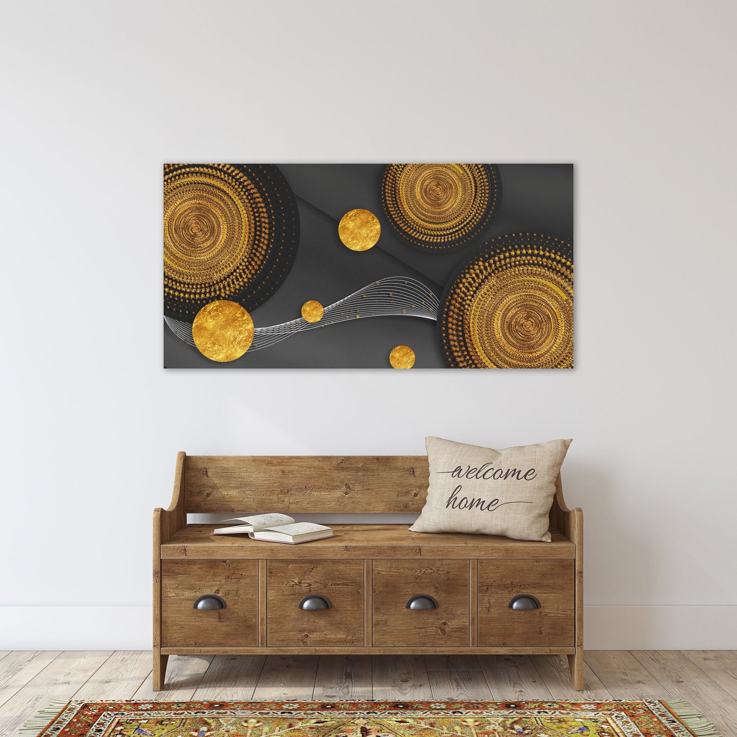Circles abstract framed canvas artwork, geometrical floater frame hanging wall decor, large printable black yellow wall art for living room