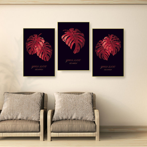 Set of 3 nature canvas prints, red leaves floating frame wall art, extra large botanical wall hanging decor, trendy three piece artwork