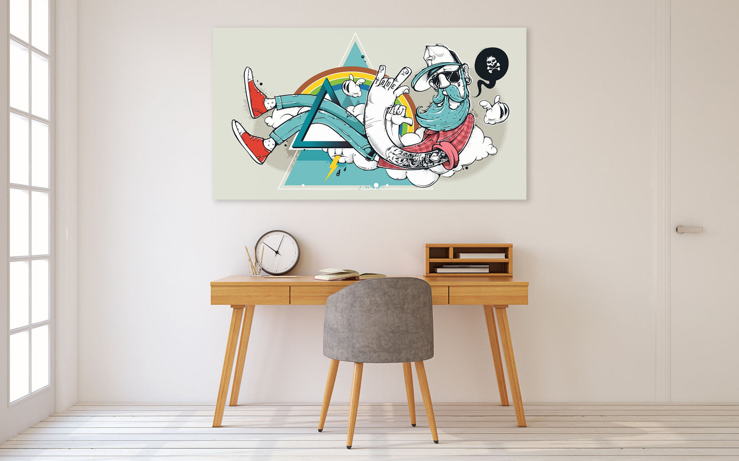 Modern hipster wall art, floater frame canvas print, cartoon man hanging wall decor, extra large framed horisontal printable artwork