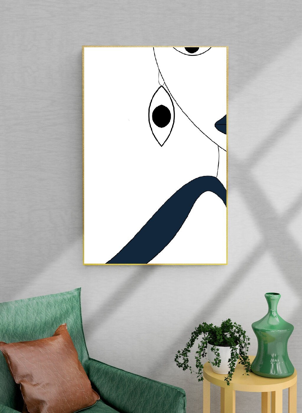 Abstract floater frame set of 3 wall arts, framed hanging wall decor with faces, set of three modern canvas prints, white blue wall art