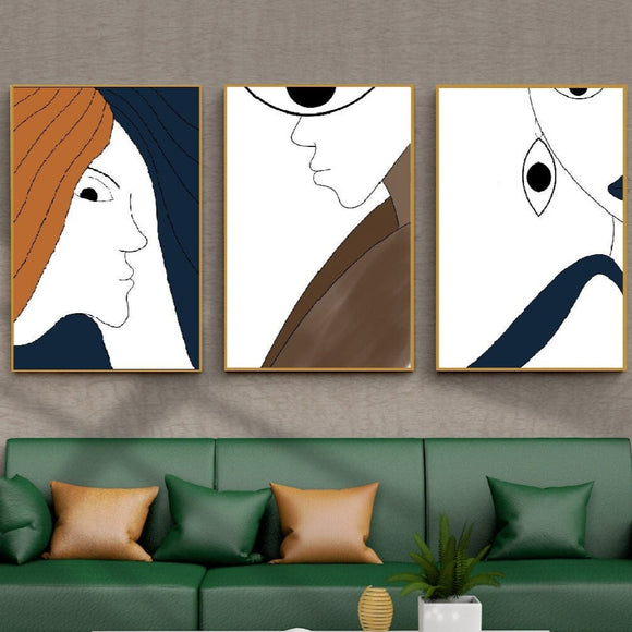 Abstract floater frame set of 3 wall arts, framed hanging wall decor with faces, set of three modern canvas prints, white blue wall art