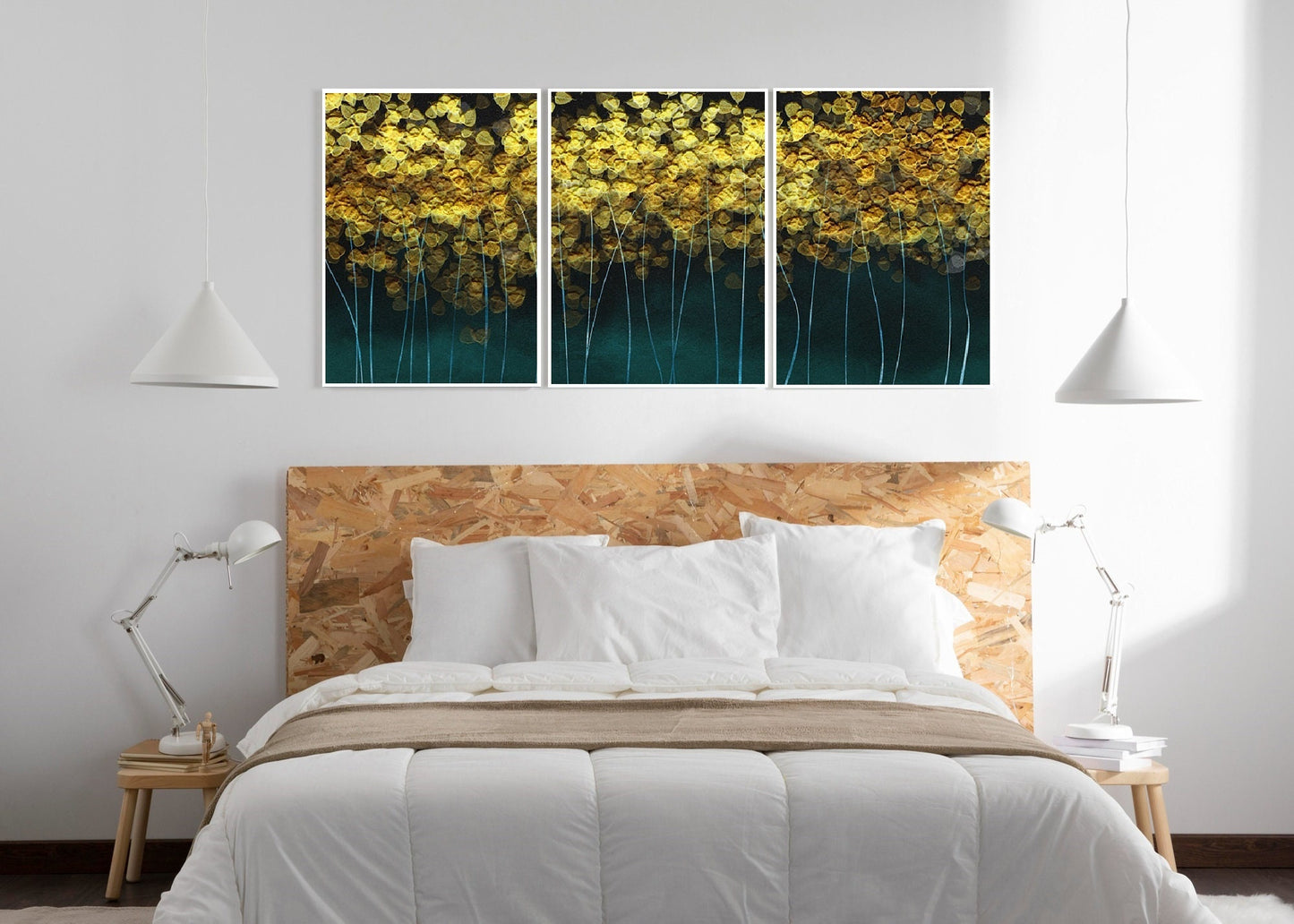 Extra large set of three nature framed wall arts, abstract botanical canvas floater frame wall hanging decor, gold green canvas painting
