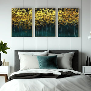 Extra large set of three nature framed wall arts, abstract botanical canvas floater frame wall hanging decor, gold green canvas painting