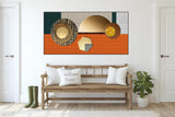 Abstract framed geometrical wall art, large orange floater frame living room canvas print, trendy printable interior picture with circles