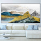 Golden mountains framed wall art, printable landscape artwork in floater frame, large blue gold canvas print, living room canvas wall art