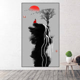 Abstract framed wall art, vertical canvas print, extra large floater frame hanging wall decor, Asian style printable artwork for living room