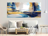 Abstract blue gold framed wall art, extra large printable canvas artwork, modern floater frame wall art, living room hanging wall gecor