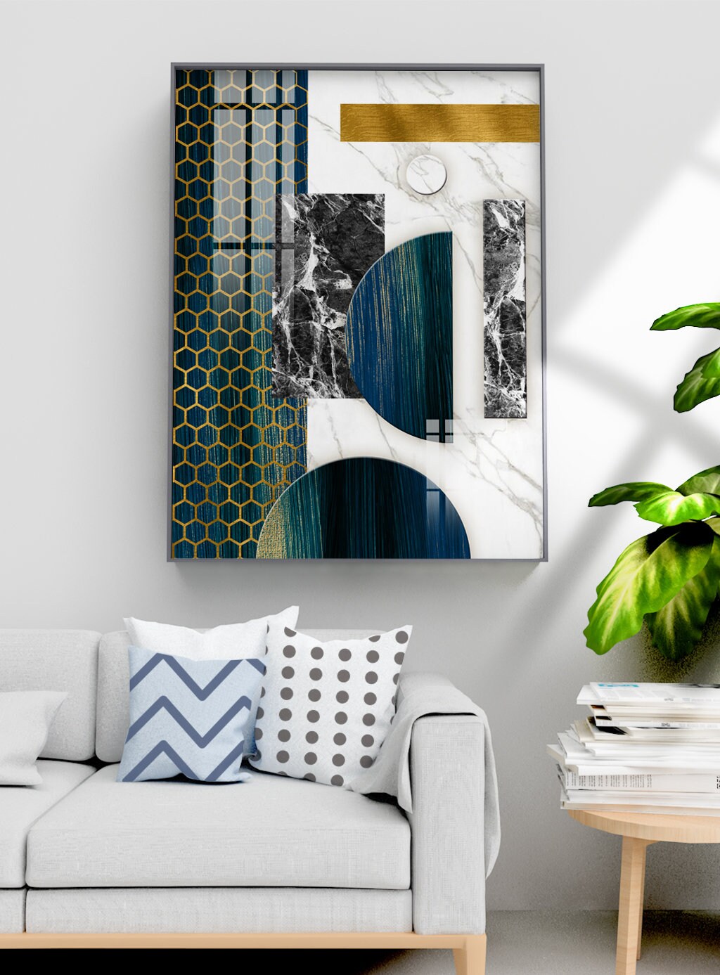 Geometrical framed artwork, abstract modern floater frame wall art, large blue gold printable canvas wall art, bedroom hanging wall decor