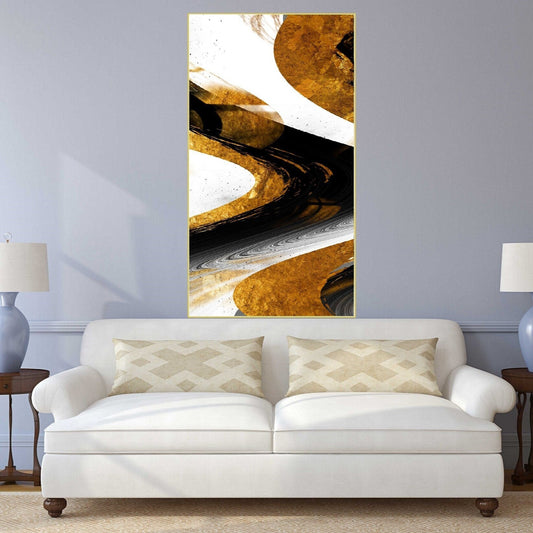 Abstract floater frame wall art, extra large black and gold artwork, modern hanging wall decor, printable framed wall art for living room