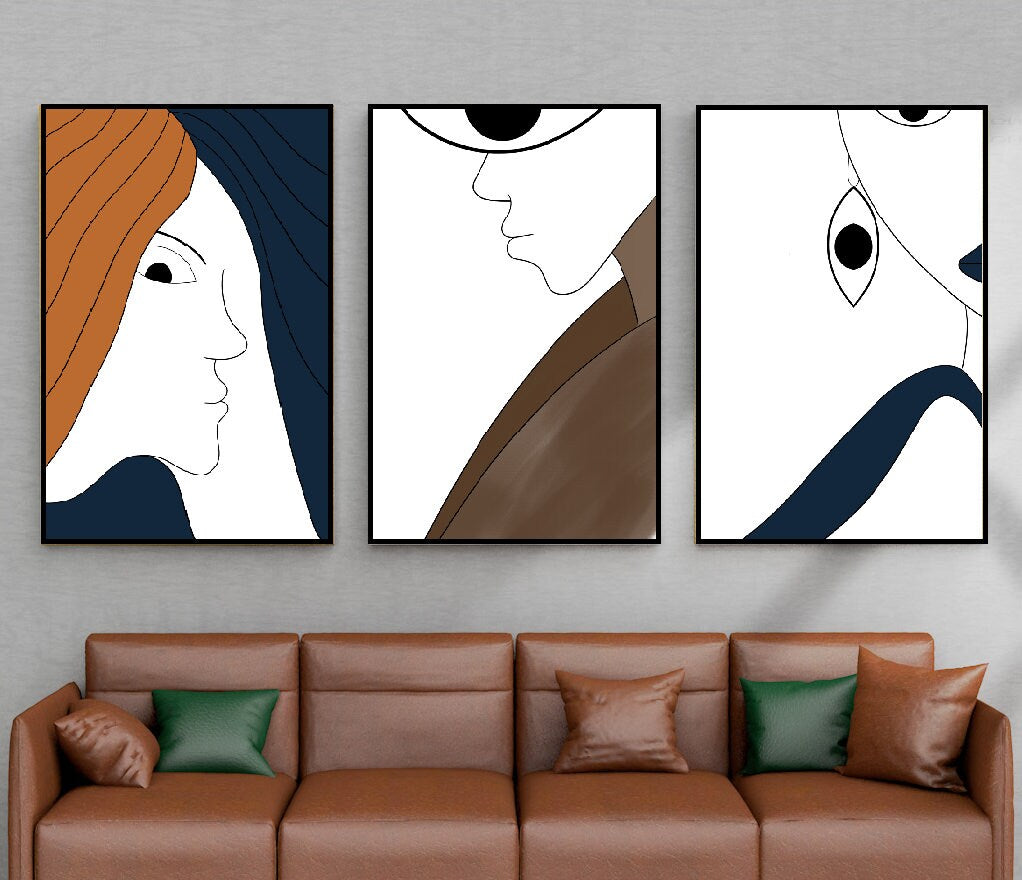 Abstract floater frame set of 3 wall arts, framed hanging wall decor with faces, set of three modern canvas prints, white blue wall art