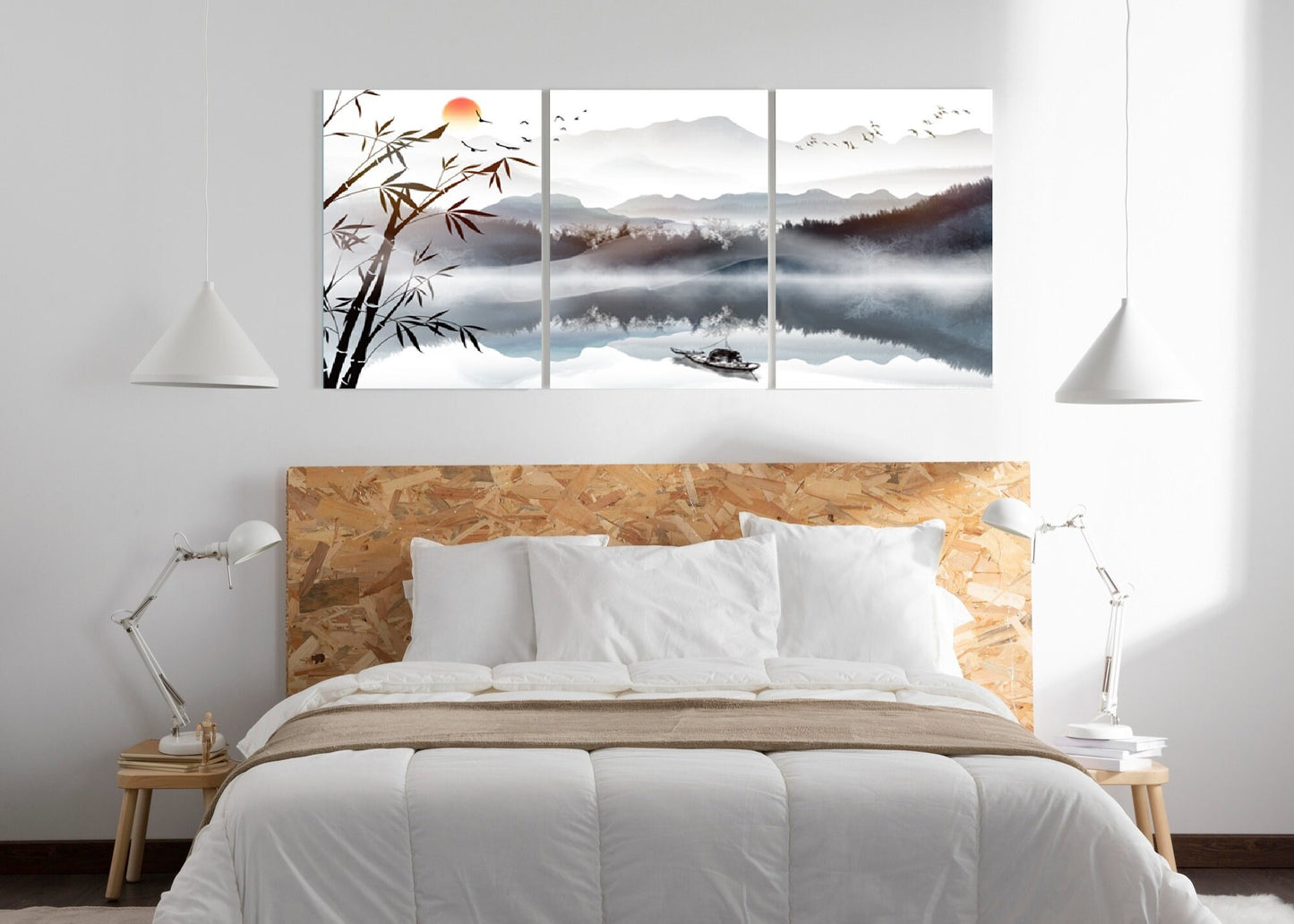 Large asian canvas wall art, smoky mountains hanging wall decor, modern oriental style wall art, printable lanscape artwork for bedroom