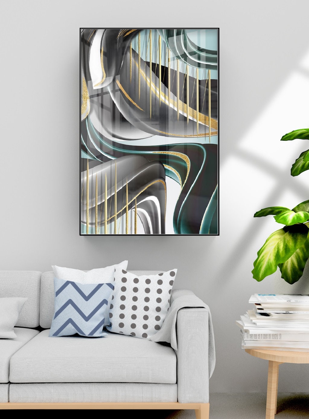 Large abstract framed wall art, black gold canvas print, floater frame printable artwork with waves and stripes, living room wall art