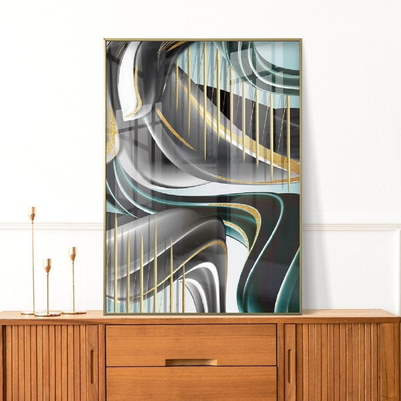 Large abstract framed wall art, black gold canvas print, floater frame printable artwork with waves and stripes, living room wall art