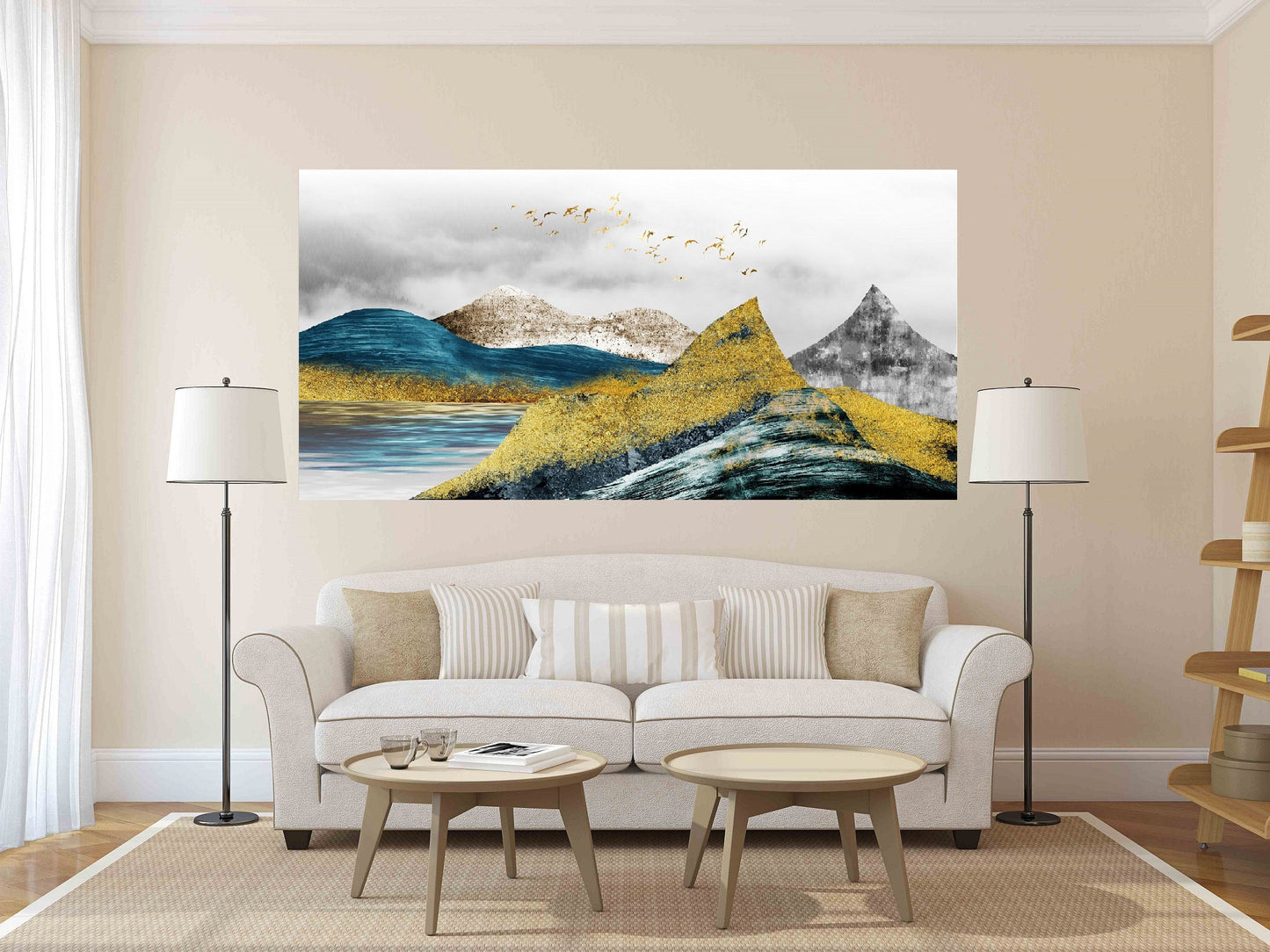 Golden mountains framed wall art, printable landscape artwork in floater frame, large blue gold canvas print, living room canvas wall art