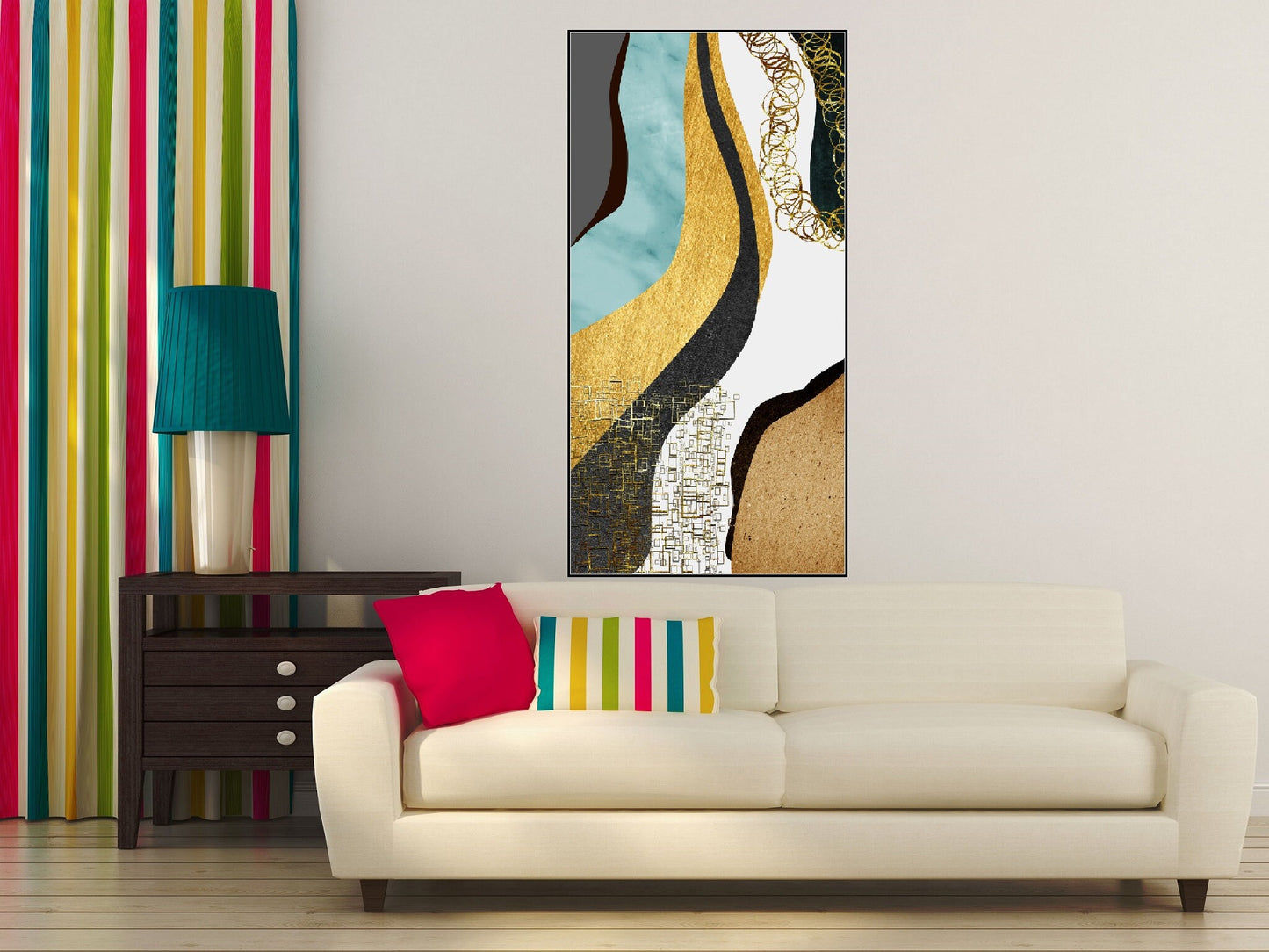 Large abstract floater frame wall art, colorful printable artwork, framed abstract golgen waves canvas artwork, living room hanging wall art
