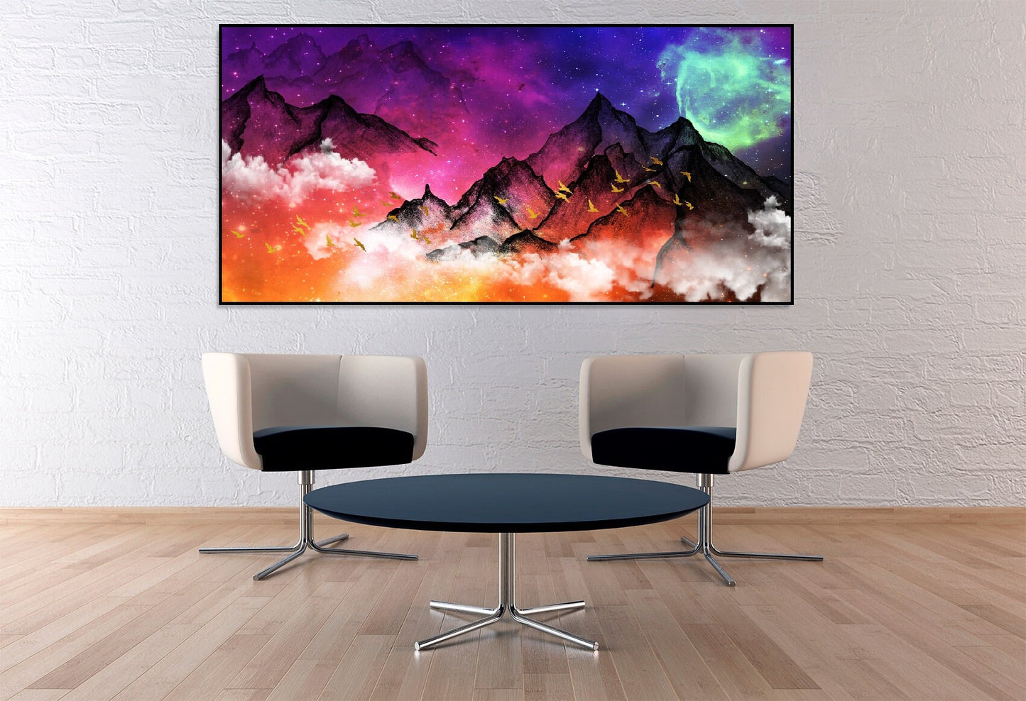 Large colorful fantasy floating frame wall art, smoky mountains canvas print, multicolored printable framed living room hanging wall decor