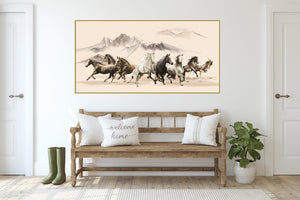 Large framed horses herd wall art, animal hanging wall decor in floater frame, printable western canvas artwork, mountains canvas print