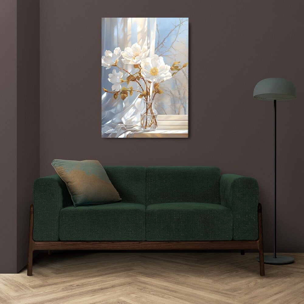 Floral framed wall art, large white flowers canvas print, botanical floating frame artwork, printable watercolor wall art, bedroom artwork