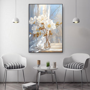 Floral framed wall art, large white flowers canvas print, botanical floating frame artwork, printable watercolor wall art, bedroom artwork