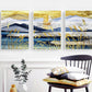 Large set of 3 floater frame wall art, printable landscape artwork, blue gold framed canvas print, marine living room three piece artwork