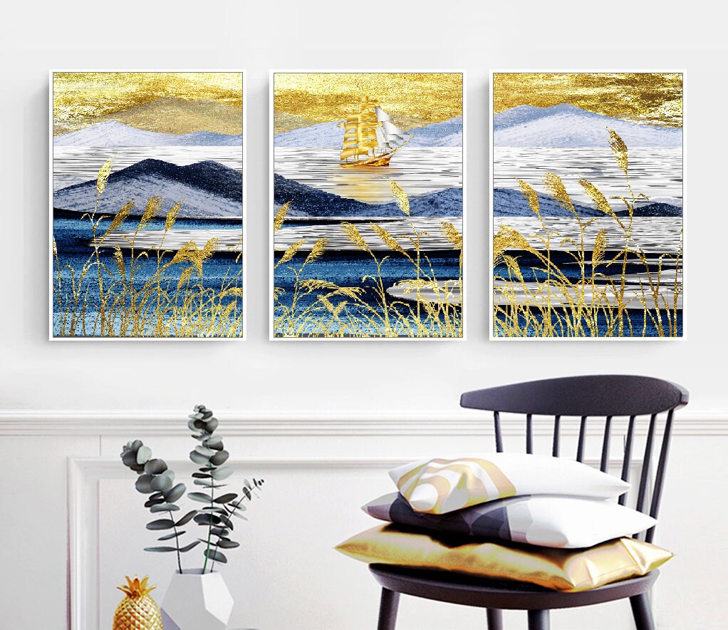 Large set of 3 floater frame wall art, printable landscape artwork, blue gold framed canvas print, marine living room three piece artwork