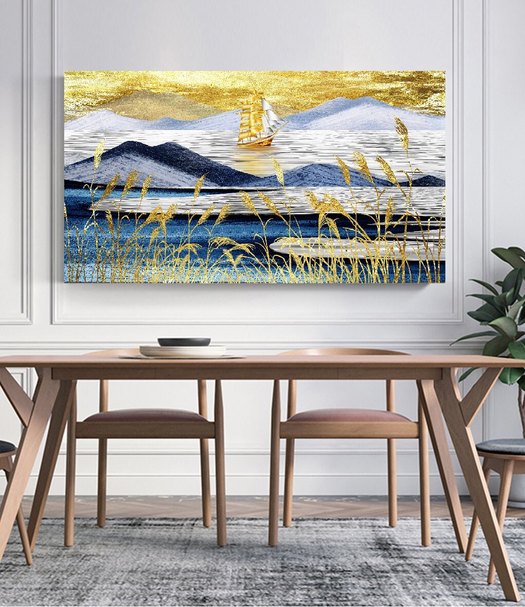Extra large nature wall art, blue gold floater frame canvas print, printable landscape artwork, mountain hanging wall decor, marine wall art